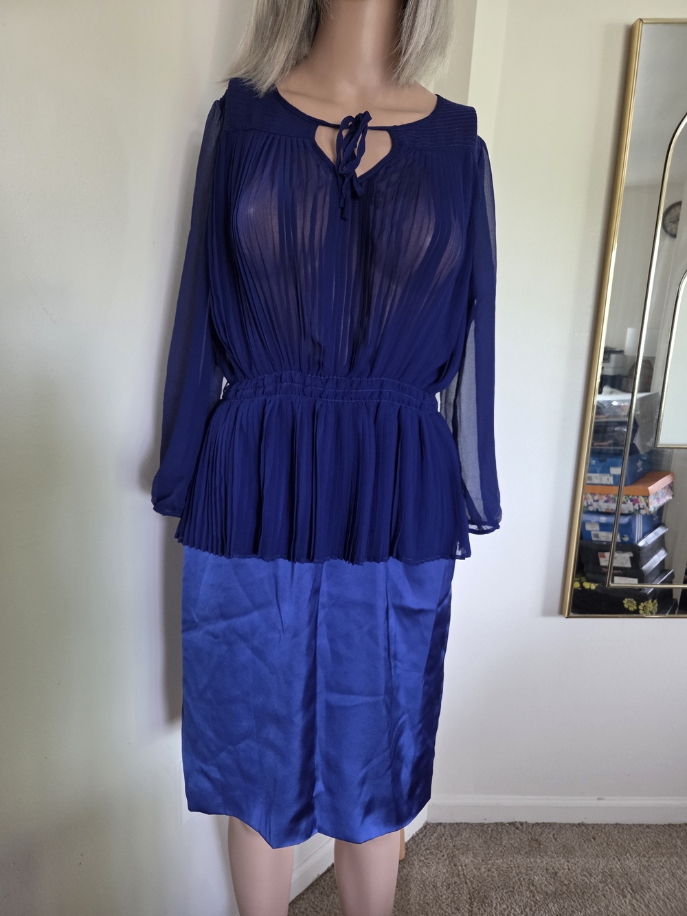 Vintage Celine Womens Royal Blue Silk Midi Billow-Sleeve Dress Size Large